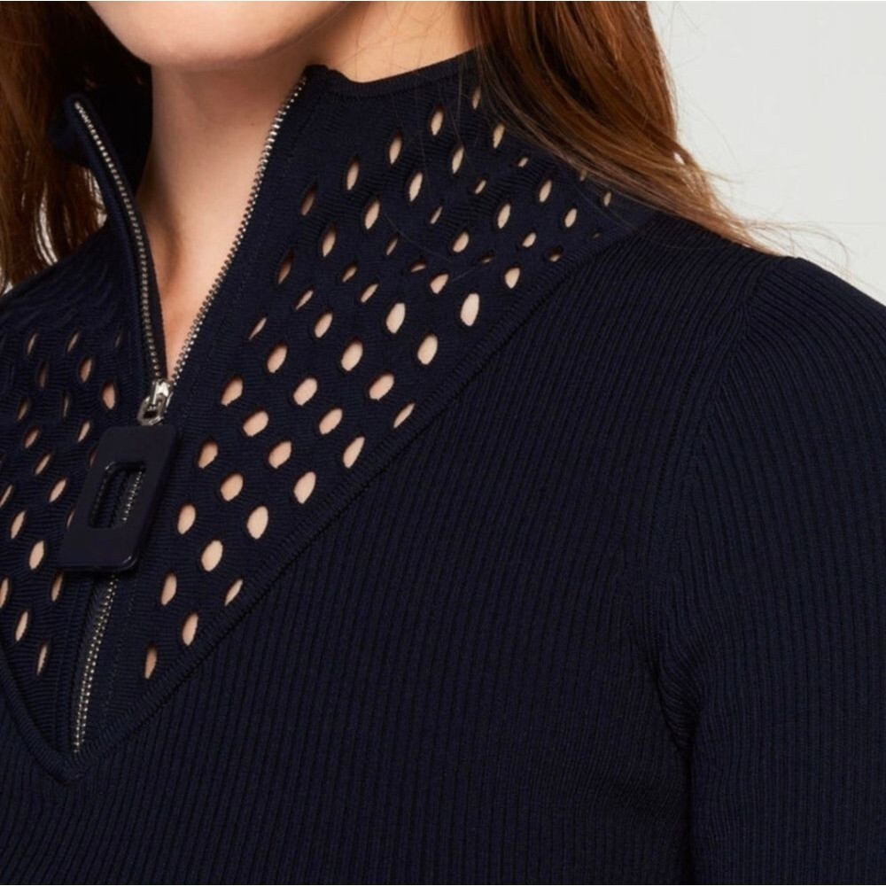 Sandro Womens Navy Cutout Knit Sweater Half Zip - Picture 6 of 6